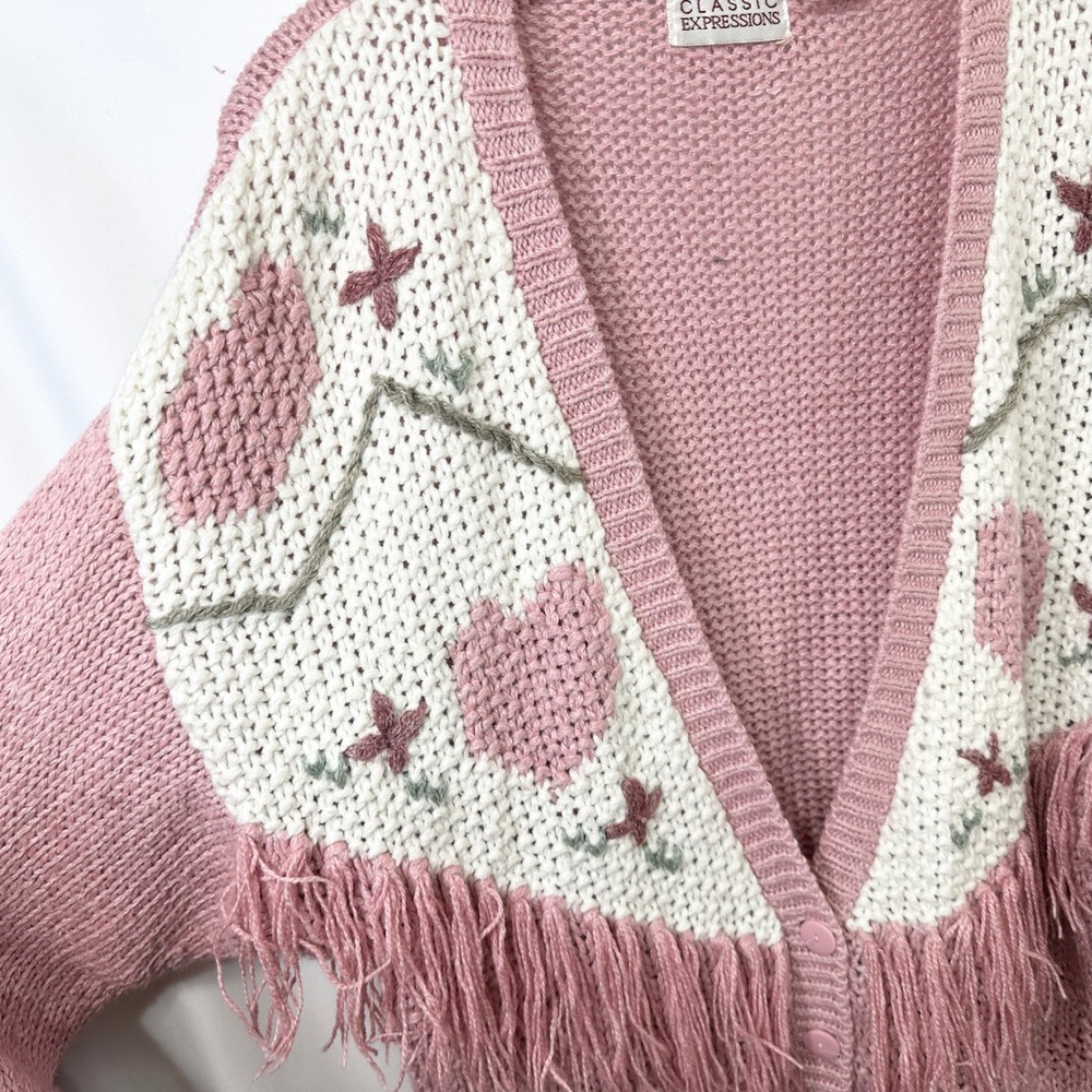 VTG Plus Size 20W Sweater Pink Hand Knit Heart Fringe Cardigan Cottagecore 774 - Picture 6 of 10
